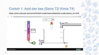 Contoh 1: Asid dan bes (Sains T2/ Kimia T4)
9
https://phet.colorado.edu/sims/html/ph-scale-basics/latest/ph-scale-basics_en.html
 