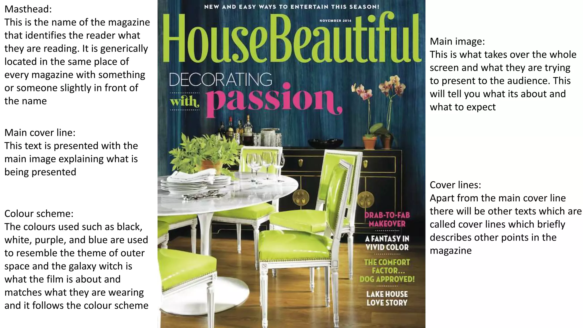 Masthead:
This is the name of the magazine
that identifies the reader what
they are reading. It is generically
located in the same place of
every magazine with something
or someone slightly in front of
the name
Main cover line:
This text is presented with the
main image explaining what is
being presented
Colour scheme:
The colours used such as black,
white, purple, and blue are used
to resemble the theme of outer
space and the galaxy witch is
what the film is about and
matches what they are wearing
and it follows the colour scheme
Main image:
This is what takes over the whole
screen and what they are trying
to present to the audience. This
will tell you what its about and
what to expect
Cover lines:
Apart from the main cover line
there will be other texts which are
called cover lines which briefly
describes other points in the
magazine
 