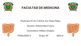 FACULTAD DE MEDICINA
Profesora: M. En C.M.E.D. Eva Tellez Rojas
Alumna: Victoria Nava Leyva
Licenciatura: Médico Cirujano
FISIOLOGÍA II Grupo: 07 2022 A
 