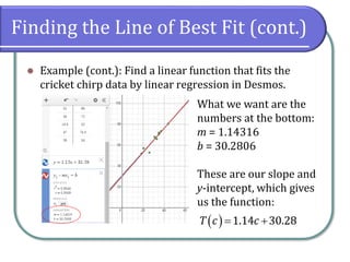 Finding the Line of Best Fit (cont.)
⚫ Example (cont.): Find a linear function that fits the
cricket chirp data by linear regression in Desmos.
What we want are the
numbers at the bottom:
m = 1.14316
b = 30.2806
These are our slope and
y-intercept, which gives
us the function:
( ) 1.14 30.28
T c c
= +
 