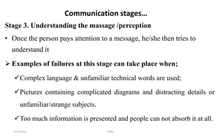 Communication stages…
Stage 3. Understanding the massage /perception
• Once the person pays attention to a message, he/she then tries to
understand it
 Examples of failures at this stage can take place when;
Complex language & unfamiliar technical words are used;
Pictures containing complicated diagrams and distracting details or
unfamiliar/strange subjects.
Too much information is presented and people can not absorb it at all.
7/21/2022 GMS
 