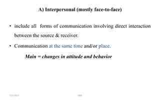 A) Interpersonal (mostly face-to-face)
• include all forms of communication involving direct interaction
between the source & receiver.
• Communication at the same time and/or place.
Main = changes in attitude and behavior
GMS
7/21/2022
 