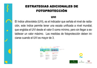 UVI
El índice ultravioleta (UVI), es el indicador que señala el nivel de radia-
ción, este índice permite tener una escala unificada a nivel mundial,
que engloba el UVI desde el valor 0 como mínimo, pero sin llegar a es-
tablecer un valor máximo. Las medidas de fotoprotección deben ini-
ciarse cuando el UVI es mayor de 3.
ESTRATEGIAS ADICIONALES DE
FOTOPROTECCIÓN
 