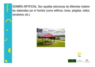 SOMBRA ARTIFICIAL: Son aquellas estructuras de diferentes materia-
les elaboradas por el hombre (como edificios, lonas, pérgolas, toldos,
cenadores, etc.).
 