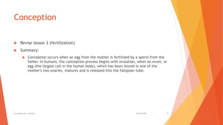 Conception
 Revise lesson 3 (fertilization)
 Summary:
 Conception occurs when an egg from the mother is fertilized by a...