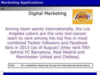 4.9
Marketing Applications
Among team sports internationally, the Los
Angeles Lakers are the only non-soccer
team to rank among the top five in most
combined Twitter followers and Facebook
fans in 2013 (as of August) (they rank fifth
behind FC Barcelona, Real Madrid and
Manchester United and Chelsea)
Digital Marketing
Click here for a slideshow featuring the top ten international sports teams
 