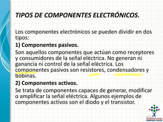 TIPOS DE COMPONENTES ELECTRÓNICOS.
Los componentes electrónicos se pueden dividir en dos
tipos:
1) Componentes pasivos.
Son aquellos componentes que actúan como receptores
y consumidores de la señal eléctrica. No generan ni
ganancia ni control de la señal eléctrica. Los
componentes pasivos son resistores, condensadores y
bobinas.
2) Componentes activos.
Se trata de componentes capaces de generar, modificar
o amplificar la señal eléctrica. Algunos ejemplos de
componentes activos son el diodo y el transistor.
 