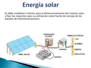 Se debe establecer criterios para el dimensionamiento del sistema solar,
y fijar los requisitos para su utilización como fuente de energía de los
equipos de telecomunicaciones.
 