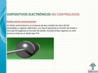 Diodo común semiconductor:
Un diodo semiconductor se compone de dos cristales de silicio (Si) de
polaridades o regiones diferentes: una tipo-P (positiva) en función de ánodo y
otra tipo-N (negativa) en función de cátodo. Cuando ambas regiones se unen
forman el chip de un diodo tipo P-N.
DISPOSITIVOS ELECTRÓNICOS NO CONTROLADOS
 