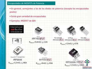 • En general, semejantes a los de los diodos de potencia (excepto los encapsulados
axiales)
• Existe gran variedad de encapsulados
• Ejemplos: MOSFET de 60V
EL
MOSFET
DE
POTENCIA Encapsulados de MOSFETs de Potencia
RDS(on)=9,4m, ID=12A
RDS(on)=12m, ID=57A
RDS(on)=9m, ID=93A
RDS(on)=5,5m, ID=86A
RDS(on)=1.5m, ID=240A
 