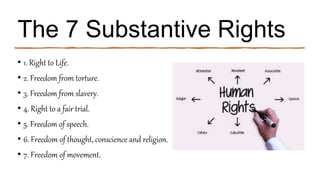 The 7 Substantive Rights
• 1. Right to Life.
• 2. Freedom from torture.
• 3. Freedom from slavery.
• 4. Right to a fair trial.
• 5. Freedom of speech.
• 6. Freedom of thought, conscience and religion.
• 7. Freedom of movement.
 