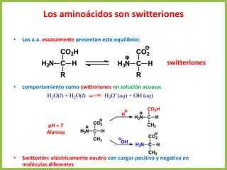 4. Aminoácidos 8
Los aminoácidos son switteriones
• Los a.a. escasamente presentan este equilibrio:
• comportamiento como switteriones en solución acuosa:
• Switterión: eléctricamente neutro con cargas positiva y negativa en
moléculas diferentes
CO2H
C H
H2N
R
CO2
C H
H3N
R
CO2
C H
H3N
CH3
CO2
C H
H2N
CH3
CO2H
C H
H3N
CH3
H
OH
pH = 7
Alanina
H2O(l) + H2O(l) H3O+
(aq) + OH-
(aq)
switteriones
 