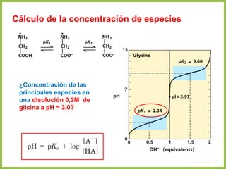 4. Aminoácidos 78
Cálculo de la concentración de especies
¿Concentración de las
principales especies en
una disolución 0,2M de
glicina a pH = 3.0?
 