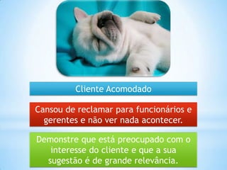 Demonstre que está preocupado com o
interesse do cliente e que a sua
sugestão é de grande relevância.
Cansou de reclamar para funcionários e
gerentes e não ver nada acontecer.
Cliente Acomodado
 