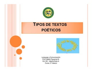 TIPOS DE TEXTOS
POÉTICOS
Lenguaje y Comunicación
Prof: Belén Figueroa N.
Ed. Dif.: Valeria Soto A.
Curso: 5° básico
 