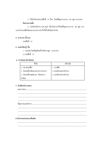 5. ให้นักเรียนทาแบบฝึกที่ 14 เรื่อง โจทย์ปัญหาการบวก ลบ คูณ หารระคน
กิจกรรมรวมชั้น
6. ร่วมกันอภิปราย และ สรุป เกี่ยวกับการแก้โจทย์ปัญหาการบวก ลบ คูณ หาร
ระคนในแบบฝึกหัดและแนะนาการนาไปใช้ในชีวิตประจาวัน
4. ภาระงาน/ ชิ้นงาน
แบบฝึกที่ 14
5. แหล่งเรียนรู้ /สื่อ
1. แถบประโยคสัญลักษณ์โจทย์การคูณ หารระคน
2. แบบฝึกที่ 14
6. การวัดและประเมินผล
วิธีวัด เครื่องมือ
1. ตรวจแบบฝึก
2. สังเกตด้านทักษะและกระบวนการ
3. สังเกตด้านคุณธรรม จริยธรรม /
ค่านิยม
1. แบบฝึก
2. แบบสังเกตการทางาน
3. แบบสังเกตการทางาน
7. บันทึกหลังการสอน
ผลการสอน..................................................................................................................................................................
.......................................................................................................................................................................................
.......................................................................................................................................................................................
.......................................................................................................................................................................................
ปัญหาและอุปสรรค...................................................................................................................................................
.......................................................................................................................................................................................
.......................................................................................................................................................................................
.......................................................................................................................................................................................
8. กิจกรรมเสนอแนะเพิ่มเติม
.......................................................................................................................................................................................
.......................................................................................................................................................................................
 