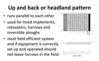 Up and back or headland pattern
• runs parallel to each other
• used for tined implements,
rotovators, harrows and
reversible ploughs
• most field efficient system
and if equipment is correctly
set up and operated should
not leave furrows in the field.
 