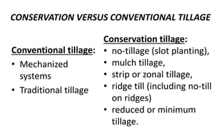 CONSERVATION VERSUS CONVENTIONAL TILLAGE
Conventional tillage:
• Mechanized
systems
• Traditional tillage
Conservation tillage:
• no-tillage (slot planting),
• mulch tillage,
• strip or zonal tillage,
• ridge till (including no-till
on ridges)
• reduced or minimum
tillage.
 