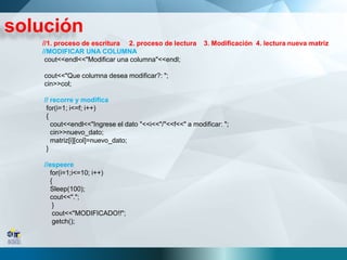 solución
//1. proceso de escritura 2. proceso de lectura 3. Modificación 4. lectura nueva matriz
//MODIFICAR UNA COLUMNA
cout<<endl<<"Modificar una columna"<<endl;
cout<<"Que columna desea modificar?: ";
cin>>col;
// recorre y modifica
for(i=1; i<=f; i++)
{
cout<<endl<<"Ingrese el dato "<<i<<"/"<<f<<" a modificar: ";
cin>>nuevo_dato;
matriz[i][col]=nuevo_dato;
}
//espeere
for(i=1;i<=10; i++)
{
Sleep(100);
cout<<".";
}
cout<<"MODIFICADO!!";
getch();
 