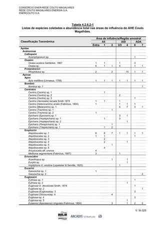 CONSÓRCIO ENER-REDE COUTO MAGALHÃES
REDE COUTO MAGALHÃES ENERGIA S.A.
ENERCOUTO S.A.
V. III-325
Tabela 4.2.6.2-1
Listas de espécies coletadas e abundância total nas áreas de influência do AHE Couto
Magalhães.
Área de influência/Região amostral
AII AID ADA
Classificação Taxonômica
Extra 1 2 3/5 4 6 7
Apidae
Andreninae
Calliopsini
Acamptopoeum sp. 1
Oxaeini
Oxaea austera Gertäcker, 1867 1 1 1 3
Oxaea sp. 6 1 1 4 1 1
Protandrenini
Rhophitulus sp. 2 2 15 1 1
Apinae
Apini
Apis mellifera (Linnaeus, 1758) 1 1 1 1 1 1 1
Bombini
Bombus sp. 1 1
Centridini
Centris (Centris) sp. 1 1
Centris (Centris) sp. 2 2
Centris (Centris) sp. 3 1
Centris (Hemisiela) tarsata Smith 1874 1 1 1
Centris (Heterocentris) analis (Fabricius, 1804) 1 1 1 1
Centris (Melacentris) sp. 1 4 7 3 1
Centris (Trachina) sp. 1 1
Centris (Trachina) sp. 2 1
Epicharis (Epicharis) sp. 1 3 1
Epicharis (Hoplepicharis) sp. 1 1 3
Epicharis (Hoplepicharis) sp. 2 1
Epicharis (Perepicharis) sp. 1 1
Epicharis (Triepiecharis) sp. 1 1 2
Emphorini
Alepidosceles sp. 1 8 8 7 1 1 1 1
Alepidosceles sp. 2 1 1 1
Alepidosceles sp. 3 2
Alepidosceles sp. 4 2 1
Alepidosceles sp. 5 1
Alepidosceles sp. 6 4
Ancyloscelis aff. ursinos 4
Melitoma segmentaria (Fabricius, 1807) 3 1
Ericrocidini
Acanthopus sp. 1 1
Eurytis sp. 1
Hopliphora cf. velutina (Lepeletier & Serville, 1825) 1
Eucerini
Gaesischia sp. 1 1
Gaesischia sp. 2 2
Euglossini
Eufrisea sp. 1 1
Eufrisea sp. 2 1
Euglossa cf. decolorata Smith, 1874 1
Euglossa sp. 2 1
Euglossa (Euglossa)sp. 3 3
Euglossa (Glossura)sp. 4 4
Euglossa sp .4 3
Euglossa sp. 5 1
Eulaema (Apeulaema) cingulata (Fabricius, 1804) 3 1 2 2
 