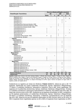 CONSÓRCIO ENER-REDE COUTO MAGALHÃES
REDE COUTO MAGALHÃES ENERGIA S.A.
ENERCOUTO S.A.
V. III-328
Área de influência/Região amostral
AII AID ADA
Classificação Taxonômica
Extra 1 2 3/5 4 6 7
Megalopta sp. 5 1
Megalopta sp. 6 1 1 6
Pereirapis sp. 1 1 3
Pereirapis sp. 2 1 1
Pereirapis sp. 3 1
Pseudaugochlora flammula Almeida, 2008 1
Pseudaugochlora graminea (Fabricius, 1804) 1
Pseudaugochlora pandora (Smith, 1853) 1
Pseudaugochlora sp. 1 1
Pseudaugochlora sp. 2 1 1 1
Pseudaugochlora sp. 3 1
Rhinocorynura sp. 1 1 1
Temnosoma sp. 1
Thectochlora alaris (Vachal, 1904) 3 2 1 1
Techtochlora sp. aff.alaris 1
Halictini
Caenohalictina
Habralictus sp. Ax 1
Habralictus sp. Bx 1
Halictina
Dialictus sp. 1 1
Dialictus sp. 2 1
Dialictus sp. 7 plebeia 1
Dialictus sp. 12 plebeia 1 1
Halictidae sp. 1 2
Megachilinae
Anthidiini
Anthidium sp. 1
Larochatidium sp. 2
Anthodioctes sp. 2
Hypantidium sp. 1
Megachilini
Megachile (Leptorachina) sp. 2
Megachile (Leptorachis) sp. 1
Megachile (Pseudocentron) sp. 2
Megachile (Ptilosarus) sp. 1 1
Megachile (Ptilosarus) sp. 2 1
Megachile (Sayapis) dentipes Vachal, 1909 1
Megachile (Sayapis) sp. 1 2 3
Total de indivíduos 179 164 97 304 251 142 145
Total de taxa 70 45 32 44 77 39 29
Legenda: Região Extra: Entorno das Áreas Urbanas; Região 1: Ribeirão Zeca Novato; Região 2: Córrego do Sapo; Região 3/5:
Bacia do Ribeirão Claro; Região 4: Bacia do Rio Babilônia; Região 5: Região do Córrego Taboca e Córrego da Vaca; Região 7:
Região da Cachoeira Couto Magalhães. AII: Área de influência indireta; AID: Área de Influência Direta; ADA: Área Diretamente
afetada. Plebeia- Numeração da espécie na coleção Entomológica de UFPE; Aguiar- Número da espécie em Aguiar 2005; cf-
espécie a conferir; aff. espécie afim à.
Avaliando-se os registros por áreas de influência (Tabela 4.2.6.2-1), obteve-se para a AII 117
espécies, distribuídas em quatro subfamílias (Andreninae, Apinae, Halictinae e Megachilinae),
17 tribos e 3 subtribos (Ceratinina, Xylocopina e Halictina). Para a AID, foram registradas 102
espécies em 5 subfamílias (Andreninae, Apinae, Colletinae, Halictinae e Megachilinae), 18 tribos
e 2 subtribos (Ceratinina e Xylocopina Caenohalictina e Halictina). Na análise entre AII e AID, 54
taxas são comuns entre a AII e AID. Avaliando-se as espécies amostradas na ADA, contabilizou-
se 55 espécies pertencentes a 5 subfamílias (Andreninae, Apinae, Halictinae e Megachilinae),
26 tribos e 3 subtribos (Ceratinina, Xylocopina, e Halictina). Comparando-se com as espécies
das AII e AID, observou-se que 26 espécies observadas na ADA ocorrem tanto na AII como na
AID, 8 espécies foram registradas apenas na AII e ADA e 6 espécies foram registradas na AID e
 