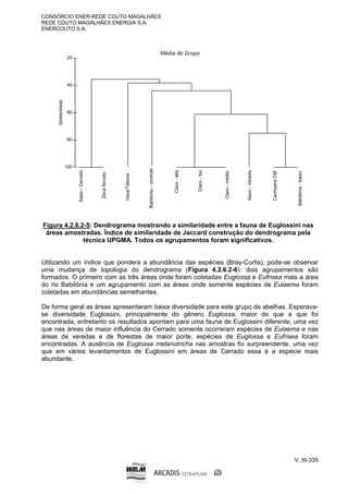 CONSÓRCIO ENER-REDE COUTO MAGALHÃES
REDE COUTO MAGALHÃES ENERGIA S.A.
ENERCOUTO S.A.
V. III-335
Figura 4.2.6.2-5: Dendrograma mostrando a similaridade entre a fauna de Euglossini nas
áreas amostradas. Índice de similaridade de Jaccard construção do dendrograma pela
técnica UPGMA. Todos os agrupamentos foram significativos.
Utilizando um índice que pondera a abundância das espécies (Bray-Curtis), pode-se observar
uma mudança de topologia do dendrograma (Figura 4.2.6.2-6): dois agrupamentos são
formados. O primeiro com as três áreas onde foram coletadas Euglossa e Eufrisea mais a área
do rio Babilônia e um agrupamento com as áreas onde somente espécies de Eulaema foram
coletadas em abundâncias semelhantes.
De forma geral as áreas apresentaram baixa diversidade para este grupo de abelhas. Esperava-
se diversidade Euglossini, principalmente do gênero Euglossa, maior do que a que foi
encontrada, entretanto os resultados apontam para uma fauna de Euglossini diferente, uma vez
que nas áreas de maior influência do Cerrado somente ocorreram espécies de Eulaema e nas
áreas de veredas e de florestas de maior porte, espécies de Euglossa e Eufrisea foram
encontradas. A ausência de Euglossa melanotricha nas amostras foi surpreendente, uma vez
que em vários levantamentos de Euglossini em áreas de Cerrado essa é a espécie mais
abundante.
Sapo
-
Cerrado
Sapo
-
Cerrado
Sapo
-
Cerrado
Zeca
Novato
Vaca/Taboca
Babilônia
-
controle
Claro
Claro
Claro
-
alto
Claro
-
médio
Claro
-
foz
Claro
-
foz
Claro
-
foz
Sapo
-
Vereda
Babilônia
-
baixo
Babilônia
-
baixo
Cachoeira
CM
Cachoeira
CM
 