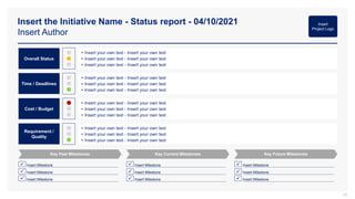 Insert the Initiative Name - Status report - 04/10/2021
Insert Author
25
Insert
Project Logo
• Insert your own text - Insert your own text
• Insert your own text - Insert your own text
• Insert your own text - Insert your own text
Overall Status
• Insert your own text - Insert your own text
• Insert your own text - Insert your own text
• Insert your own text - Insert your own text
Time / Deadlines
• Insert your own text - Insert your own text
• Insert your own text - Insert your own text
• Insert your own text - Insert your own text
Cost / Budget
• Insert your own text - Insert your own text
• Insert your own text - Insert your own text
• Insert your own text - Insert your own text
Requirement /
Quality
Key Past Milestones Key Current Milestones Key Future Milestones
 Insert Milestone
 Insert Milestone
 Insert Milestone
 Insert Milestone
 Insert Milestone
 Insert Milestone
 Insert Milestone
 Insert Milestone
 Insert Milestone
 