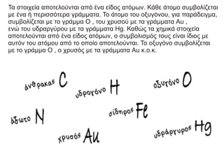 Τα στοιχεία αποτελούνται από ένα είδος ατόμων. Κάθε άτομο συμβολίζεται
με ένα ή περισσότερα γράμματα. Το άτομο του οξυγόνου, για παράδειγμα,
συμβολίζεται με το γράμμα Ο , του χρυσού με τα γράμματα Au ,
ενώ του υδραργύρου με τα γράμματα Hg. Καθώς τα χημικά στοιχεία
αποτελούνται από ένα είδος ατόμων, ο συμβολισμός τους είναι ίδιος με
αυτόν του ατόμου από το οποίο αποτελούνται. Το οξυγόνο συμβολίζεται
με το γράμμα Ο , ο χρυσός με τα γράμματα Au κ.ο.κ.
 