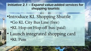 Initiative 2.1 – Expand value-added services for
shopping tourists
•Introduce KL Shopping Shuttle
•Go KL City Bus Line (free)
•KL Hop-on Hop-off bus (paid)
• Launch integrated shopping card
•KL Pass
 