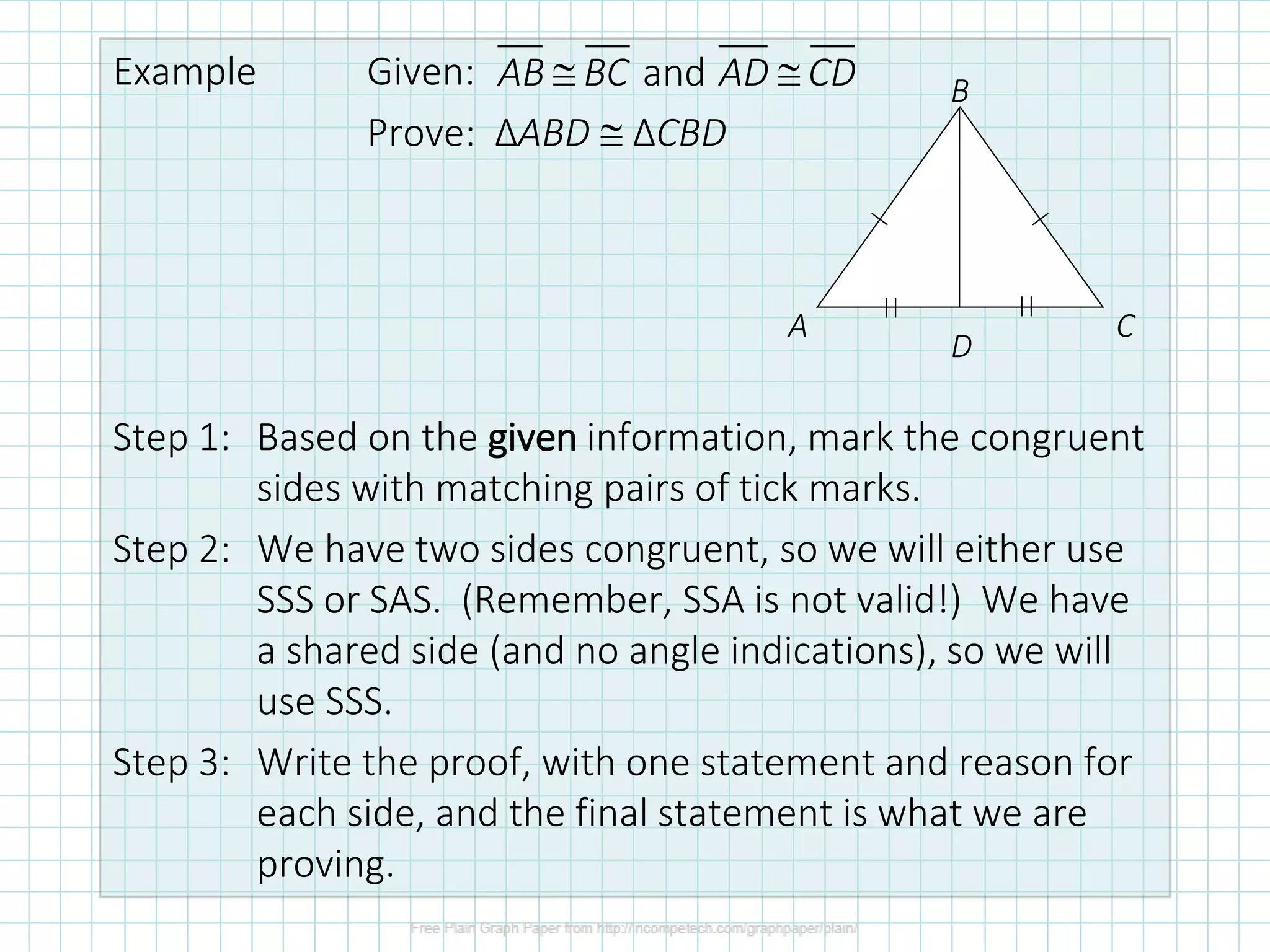 Example Given:
Prove: ΔABD  ΔCBD
Step 1: Based on the given information, mark the congruent
sides with matching pairs of tick marks.
Step 2: We have two sides congruent, so we will either use
SSS or SAS. (Remember, SSA is not valid!) We have
a shared side (and no angle indications), so we will
use SSS.
Step 3: Write the proof, with one statement and reason for
each side, and the final statement is what we are
proving.
and
AB BC AD CD
 
A
B
C
D
 