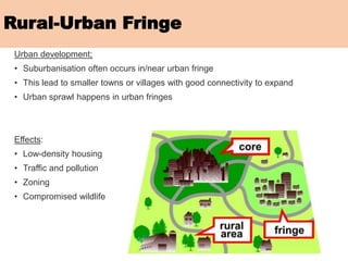 Rural-Urban Fringe
Urban development;
• Suburbanisation often occurs in/near urban fringe
• This lead to smaller towns or villages with good connectivity to expand
• Urban sprawl happens in urban fringes
Effects:
• Low-density housing
• Traffic and pollution
• Zoning
• Compromised wildlife
 