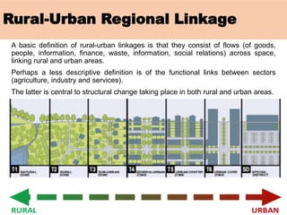 Rural-Urban Regional Linkage
A basic definition of rural-urban linkages is that they consist of flows (of goods,
people, information, finance, waste, information, social relations) across space,
linking rural and urban areas.
Perhaps a less descriptive definition is of the functional links between sectors
(agriculture, industry and services).
The latter is central to structural change taking place in both rural and urban areas.
 