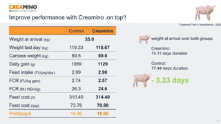 32
Customer Trial II, Scandinavia - 2022
Control Creamino
Weight at arrival (kg) 35.0
Weight last day (kg) 119.33 118.67
Carcass weight (kg) 89.5 89.0
Daily gain (g) 1089 1129
Feed intake (FU/pig/day) 2.99 2.90
FCR (FU/kg gain) 2.74 2.57
FCR (MJ NEk/kg) 26.3 24.6
Feed cost (/t) 310.40 314.40
Feed cost (/pig) 73.76 70.90
Profit/pig € 14.90 18.60
weight at arrival over both groups
Creamino:
74.11 days duration
Control:
77.44 days duration
- 3.33 days
Improve performance with Creamino ‚on top‘!
 