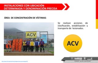Se realizan acciones de
clasificación, estabilización y
transporte de lesionados.
http://www.hnhu.gob.pe/Inicio/category/nota-prensa/page/30/
ÁREA DE CONCENTRACIÓN DE VÍCTIMAS:
INSTALACIONES CON UBICACIÓN
DETERMINADA Y DENOMINACIÓN PRECISA
 