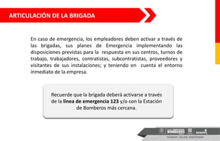ARTICULACIÓN DE LA BRIGADA
En caso de emergencia, los empleadores deben activar a través de
las brigadas, sus planes de Emergencia implementando las
disposiciones previstas para la respuesta en sus centros, turnos de
trabajo, trabajadores, contratistas, subcontratistas, proveedores y
visitantes de sus instalaciones; y teniendo en cuenta el entorno
inmediato de la empresa.
Recuerde que la brigada deberá activarse a través
de la línea de emergencia 123 y/o con la Estación
de Bomberos más cercana.
 