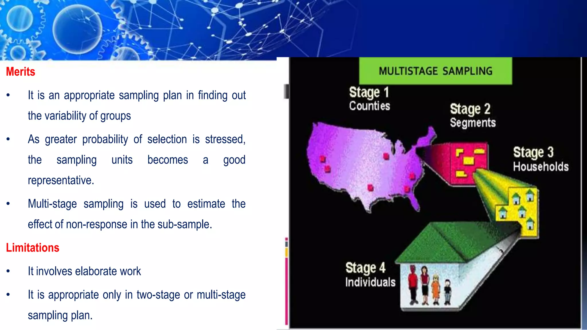 Merits
• It is an appropriate sampling plan in finding out
the variability of groups
• As greater probability of selection is stressed,
the sampling units becomes a good
representative.
• Multi-stage sampling is used to estimate the
effect of non-response in the sub-sample.
Limitations
• It involves elaborate work
• It is appropriate only in two-stage or multi-stage
sampling plan.
 