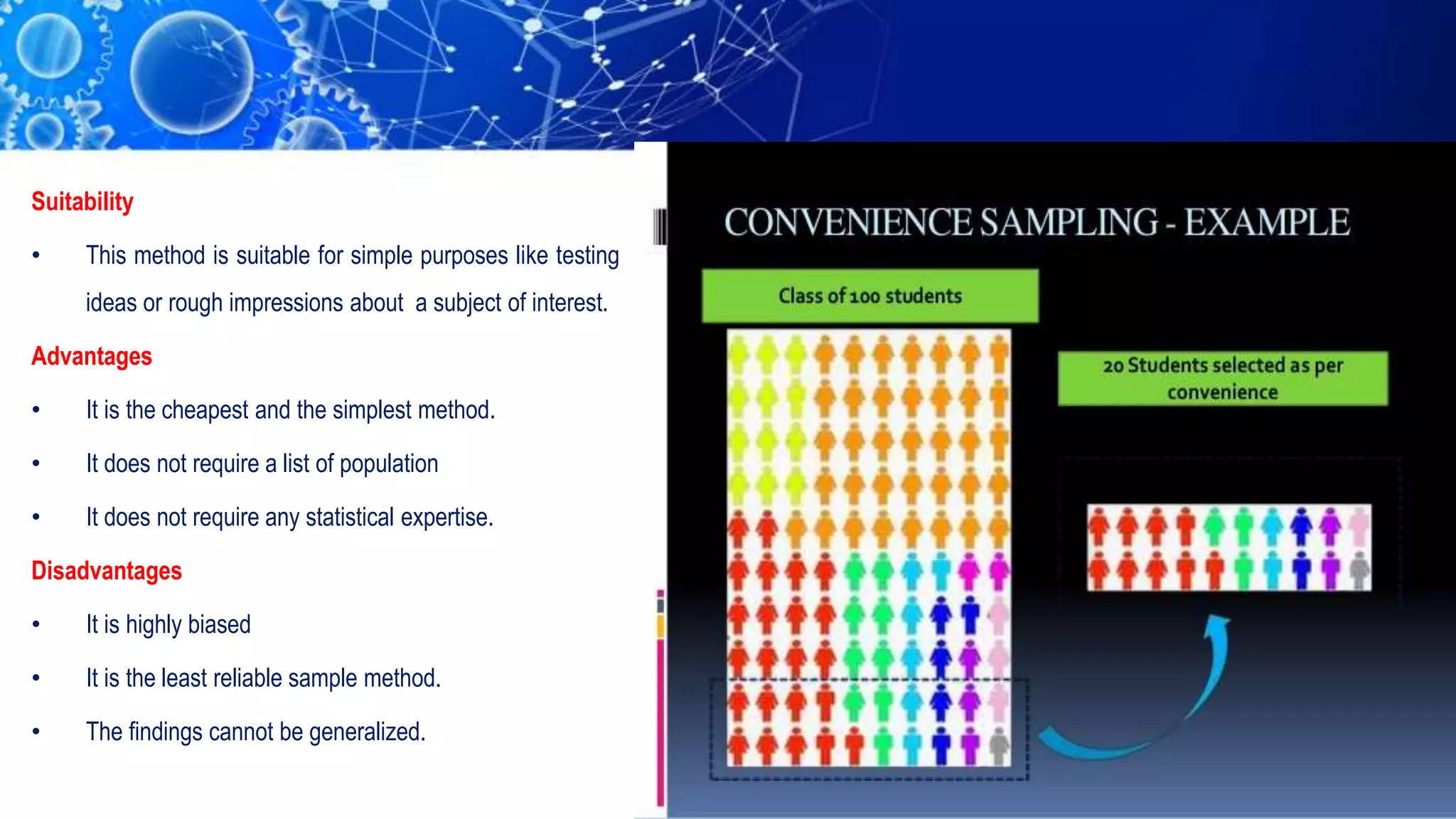 Suitability
• This method is suitable for simple purposes like testing
ideas or rough impressions about a subject of interest.
Advantages
• It is the cheapest and the simplest method.
• It does not require a list of population
• It does not require any statistical expertise.
Disadvantages
• It is highly biased
• It is the least reliable sample method.
• The findings cannot be generalized.
 