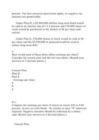 percent. Tax loss carryover provisions apply, so negative tax
amounts are permissable.
Under Plan D, a $2,960,000 million long-term bond would
be sold at an interest rate of 11.2 percent and 370,000 shares of
stock would be purchased in the market at $8 per share and
retired.
Under Plan E, 370,000 shares of stock would be sold at $8
per share and the $2,960,000 in proceedswould be used to
reduce long-term debt.
a.
How would each of these plans affect earnings per share?
Consider the current plan and the two new plans. (Round your
answers to 2 decimal places.)
Current Plan
Plan D
Plan E
Earnings per share
$
$
$
b-1.
Compute the earnings per share if return on assets fell to 4.60
percent. (Leave no cells blank - be certain to enter "0" wherever
required. Negative amounts should be indicated by a minus
sign. Round your answers to 2 decimal places.)
Current Plan
 