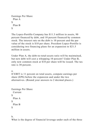 Earnings Per Share
Plan A
$
Plan B
$
The Lopez-Portillo Company has $11.3 million in assets, 90
percent financed by debt, and 10 percent financed by common
stock. The interest rate on the debt is 10 percent and the par
value of the stock is $10 per share. President Lopez-Portillo is
considering two financing plans for an expansion to $21.5
million in assets.
Under Plan A, the debt-to-total-assets ratio will be maintained,
but new debt will cost a whopping 10 percent! Under Plan B,
only new common stock at $10 per share will be issued. The tax
rate is 30 percent.
a.
If EBIT is 11 percent on total assets, compute earnings per
share (EPS) before the expansion and under the two
alternatives. (Round your answers to 2 decimal places.)
Earnings Per Share
Current
$
Plan A
$
Plan B
$
b.
What is the degree of financial leverage under each of the three
 