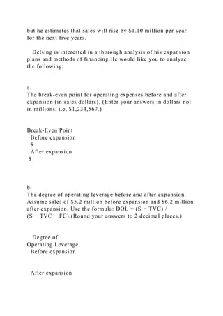 but he estimates that sales will rise by $1.10 million per year
for the next five years.
Delsing is interested in a thorough analysis of his expansion
plans and methods of financing.He would like you to analyze
the following:
a.
The break-even point for operating expenses before and after
expansion (in sales dollars). (Enter your answers in dollars not
in millions, i.e, $1,234,567.)
Break-Even Point
Before expansion
$
After expansion
$
b.
The degree of operating leverage before and after expansion.
Assume sales of $5.2 million before expansion and $6.2 million
after expansion. Use the formula: DOL = (S − TVC) /
(S − TVC − FC).(Round your answers to 2 decimal places.)
Degree of
Operating Leverage
Before expansion
After expansion
 