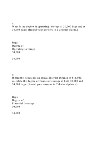 c.
What is the degree of operating leverage at 30,000 bags and at
34,000 bags? (Round your answers to 2 decimal places.)
Bags
Degree of
Operating Leverage
30,000
34,000
d.
If Healthy Foods has an annual interest expense of $11,000,
calculate the degree of financial leverage at both 30,000 and
34,000 bags. (Round your answers to 2 decimal places.)
Bags
Degree of
Financial Leverage
30,000
34,000
 