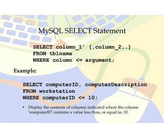 MySQL SELECT Statement
SELECT column_1’ [,column_2,…]
FROM tblname
WHERE column <= argument;
SELECT computerID, computerDescription
FROM workstation
WHERE computerID <= 10;
Example:
• Display the contents of columns indicated where the column
‘computerID’ contains a value less than, or equal to, 10.
 