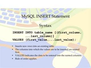 MySQL INSERT Statement
INSERT INTO table_name [(first_column,
...last_column)]
VALUES (first_value,...last_value);
Syntax
• Inserts new rows into an existing table.
• The columns into which the values are to be inserted are named
first.
• VALUES indicates the data to be entered into the named columns.
• Rule of order applies.
 