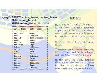 mysql> SELECT actor_fname, actor_lname
FROM actor_detail
WHERE actor_death IS NULL;
+-------------+----------------+
| actor_fname | actor_lname |
+-------------+----------------+
| Harrison | Ford |
| Sean | Connery |
| Arnold | Schwarzenegger |
| John | Hurt |
| Martin | Sheen |
| Nicholas | Cage |
| Robin | Williams |
| Sally | Field |
| Tom | Hanks |
| Paul | Newman |
| Dustin | Hoffman |
| Russel | Crowe |
| Al | Pacino |
| Susan | Sarandon |
| Geena | Davis |
| Tom | Cruise |
+-------------+----------------+
NULL
NULL means ‘no value’. As such, it
cannot have arithmetic operators
applied to it in any meaningful
way. To do so usually only results
in another NULL result, e.g.:
NULL >= 27 will give the result
NULL.
Therefore, comparisons involving
NULL values need to be achieved
with the IS or IS NOT operators.
In this case, the query retrieves
those actors who have a NULL entry
in the actor_death column,
which indicates they are still alive.
 