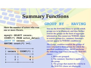mysql> SELECT oscars,
COUNT(*) FROM actor_detail
GROUP BY oscars
HAVING count(*) >=1;
+--------+----------+
| oscars | COUNT(*) |
+--------+----------+
| 1 | 9 |
| 2 | 4 |
+--------+----------+
Summary Functions
GROUP BY … HAVING
You use the HAVING clause to specify which
groups are to be displayed, and thus further
restrict the groups on the basis of aggregate
information. You cannot use WHERE clause
to restrict groups (i.e., summary function/s
can not appear in WHERE condition/s).
The Group_condition restricts the groups of
rows returned to those groups for which the
specified condition is true. DBMS performs
the following steps when you use the HAVING
clause:
1. Rows are grouped.
2. The summary function is applied to
the group.
3. The groups that match the criteria in
the HAVING clause are displayed.
Show the number of actors who won
one or more Oscars.
 