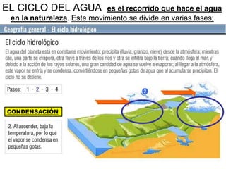 EL CICLO DEL AGUA es el recorrido que hace el agua
en la naturaleza. Este movimiento se divide en varias fases;
CONDENSACIÓN
 