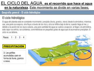 EL CICLO DEL AGUA es el recorrido que hace el agua
en la naturaleza. Este movimiento se divide en varias fases;
PRECIPITACIÓN
 