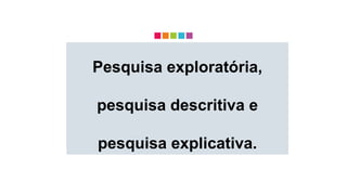Pesquisa exploratória,
pesquisa descritiva e
pesquisa explicativa.
 