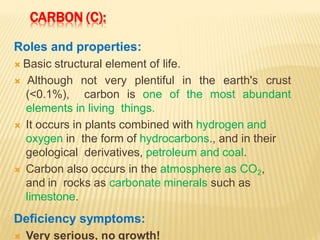 CARBON (C):
Roles and properties:
 Basic structural element of life.
 Although not very plentiful in the earth's crust
(<0.1%), carbon is one of the most abundant
elements in living things.
 It occurs in plants combined with hydrogen and
oxygen in the form of hydrocarbons., and in their
geological derivatives, petroleum and coal.
 Carbon also occurs in the atmosphere as CO2,
and in rocks as carbonate minerals such as
limestone.
Deficiency symptoms:
 Very serious, no growth!
 