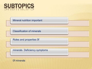SUBTOPICS
Mineral nutrition important
Classification of minerals
Roles and properties 0f
minerals Deficiency symptoms
0f m...